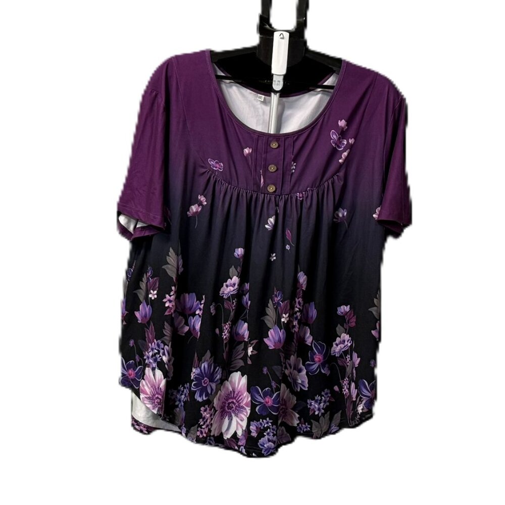 BeadChica Women's Plus Size Flowy Tunic Short Sleeve Blouse - Purple 3X